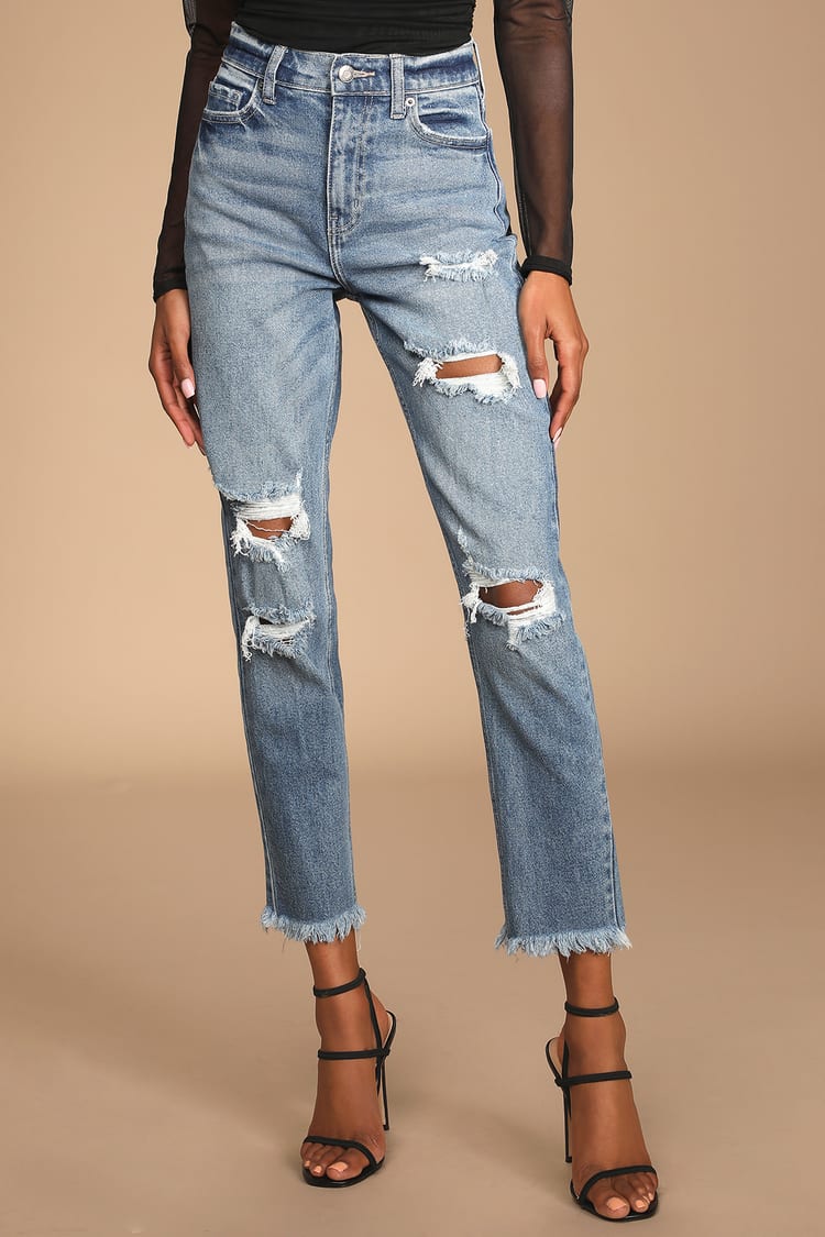 Medium Wash Jeans - Distressed High-Rise Jeans - Frayed Mom Jeans - Lulus