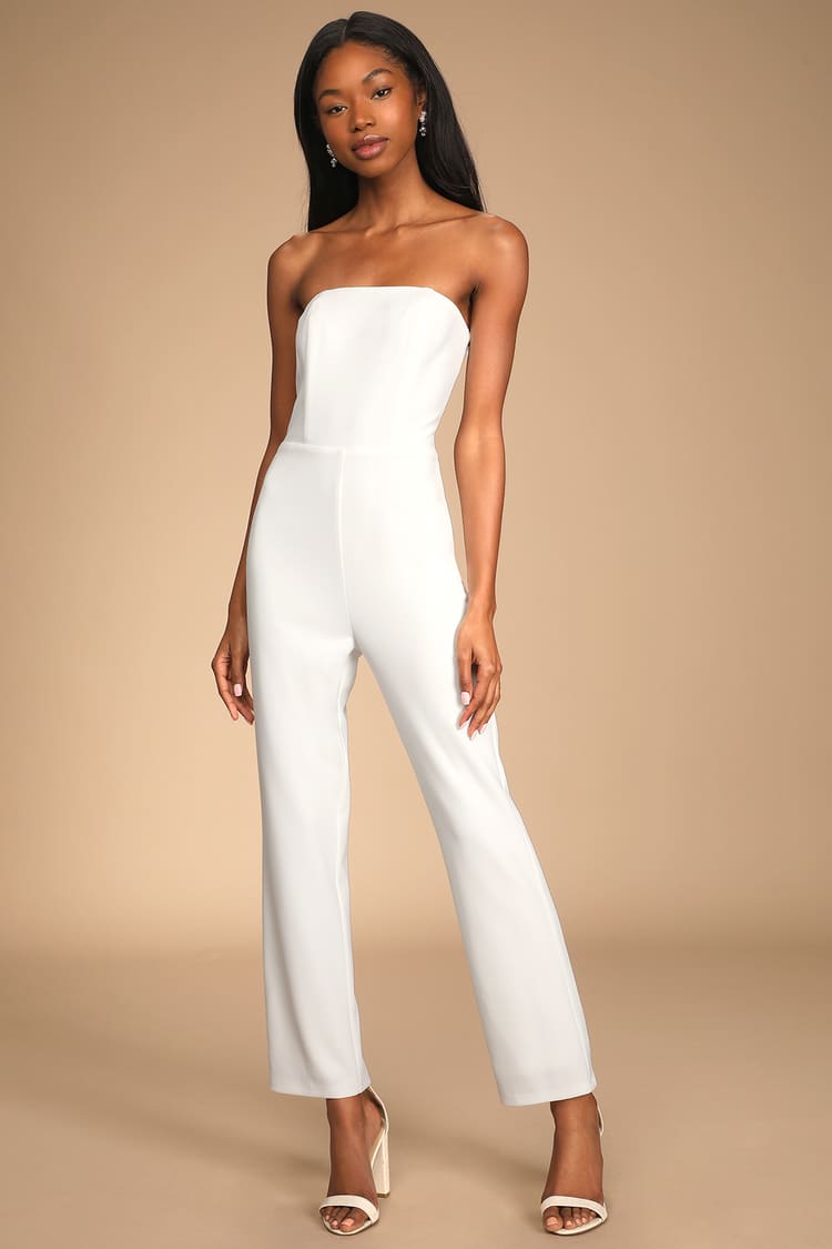 White Strapless Jumpsuit - Cutout Jumpsuit - Straight Jumpsuit - Lulus