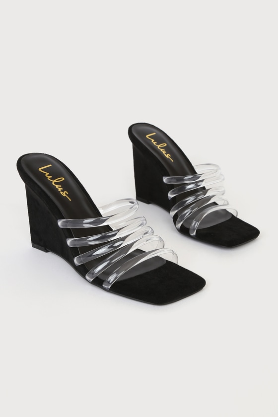 Black Suede Slide Sandals - Clear Wedge Heels - Slide Sandals - Lulus