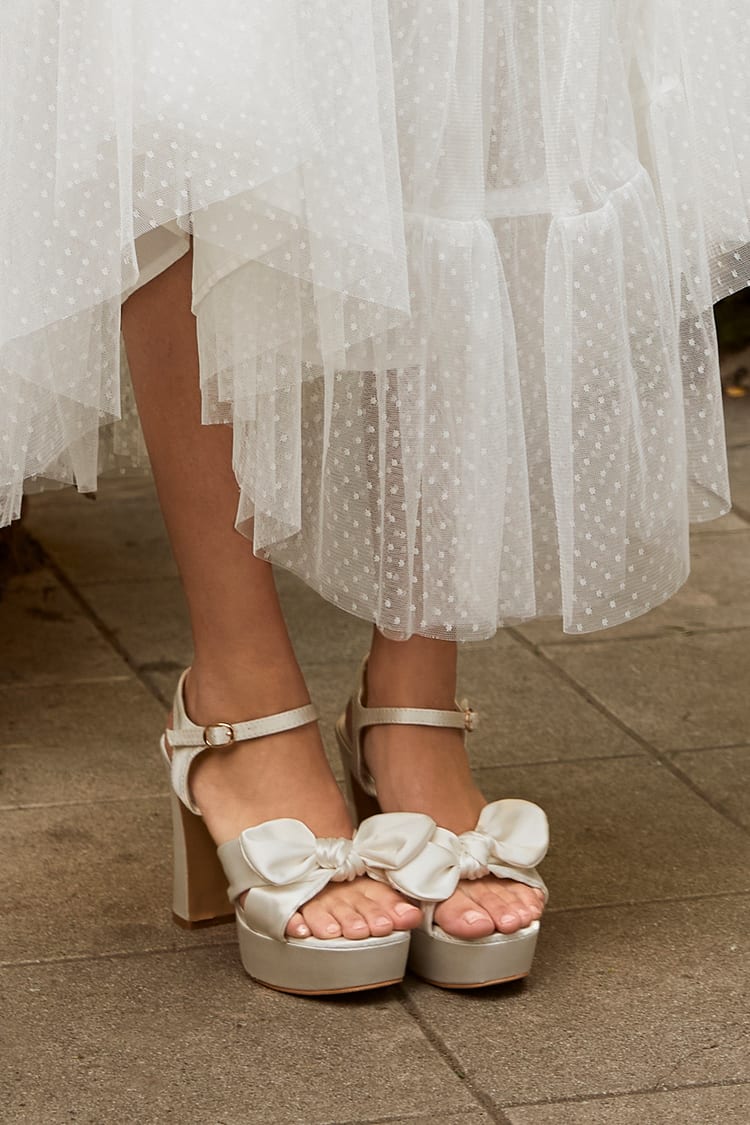 White Platform Heels - Satin Heels - Bow Heels - Platform Sandals - Lulus