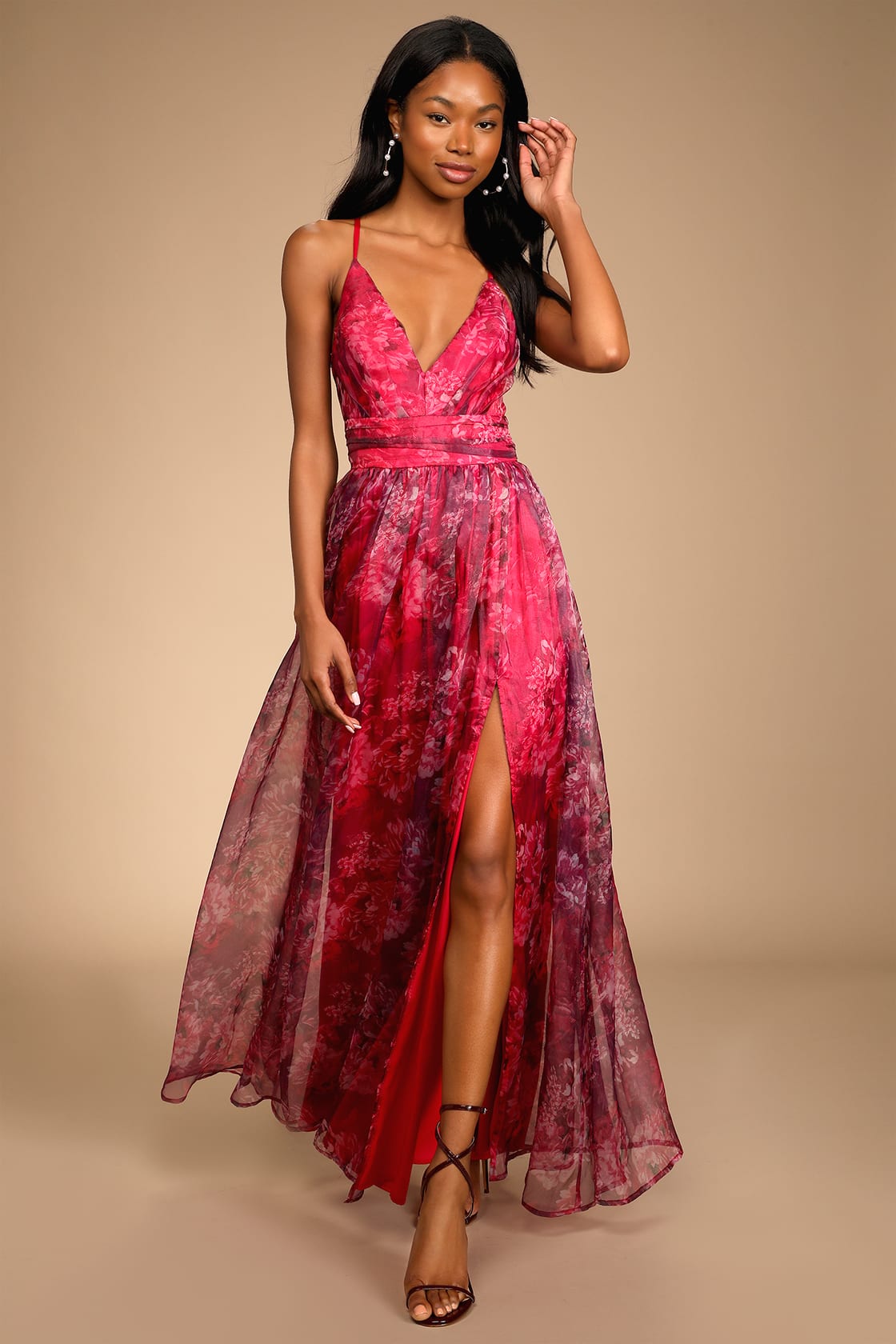 Magenta Floral Print Dress - Organza Maxi Gown - Plunge Dress - Lulus