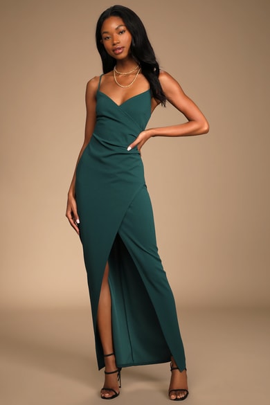 Formal Invitation Emerald Green Satin Cowl Neck Maxi Dress