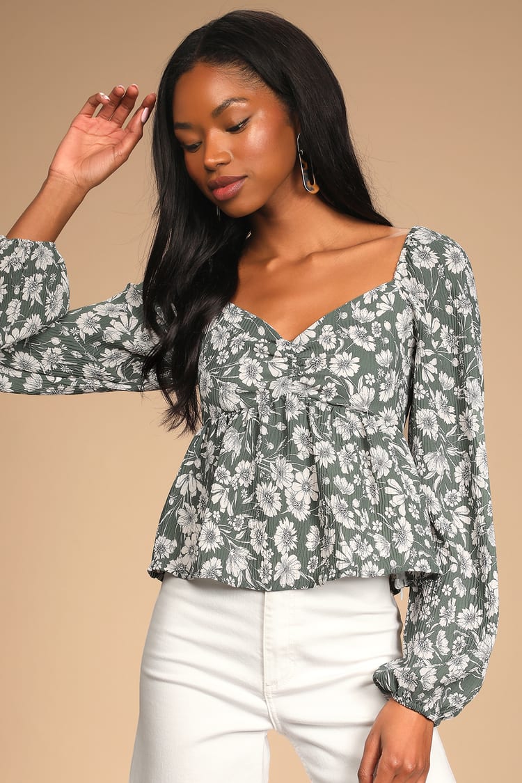 Let Your Love Blossom Sage Floral Print Long Sleeve Top