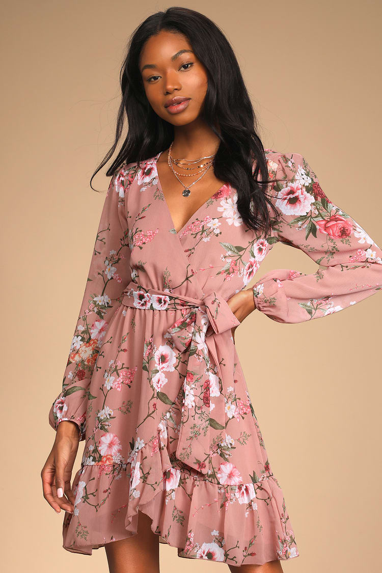 Mauve Floral Dress - Long Sleeve Mini Dress - Faux-Wrap Dress - Lulus
