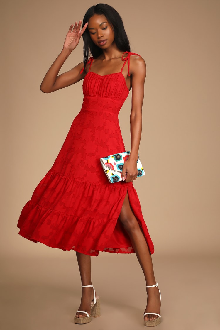 Red Midi Dress - Jacquard Dress - Tie-Strap Dress - Tiered Dress - Lulus