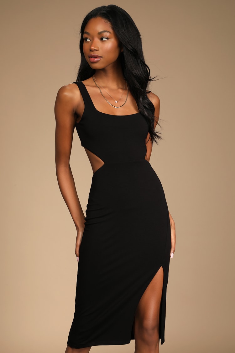 Black Midi Dress - Jersey Knit Midi Dress - Cutout Bodycon Dress - Lulus