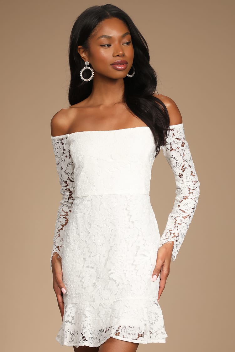 White Lace Dress - Off-the-Shoulder Dress - Long Sleeve Dress - Lulus