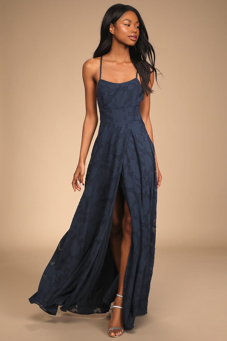 Navy Blue Maxi Dress - Burnout Floral Dress - A-Line Maxi Dress - Lulus