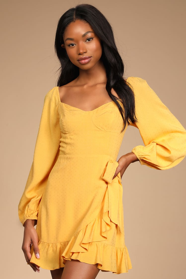 Yellow Mini Dress - Balloon Sleeve Dress - Wrap Skirt Dress - Lulus