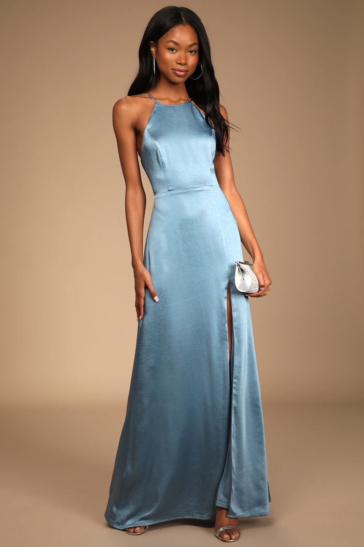 Slate Blue Satin Dress - Satin Maxi Dress - Strappy Back Dress - Lulus