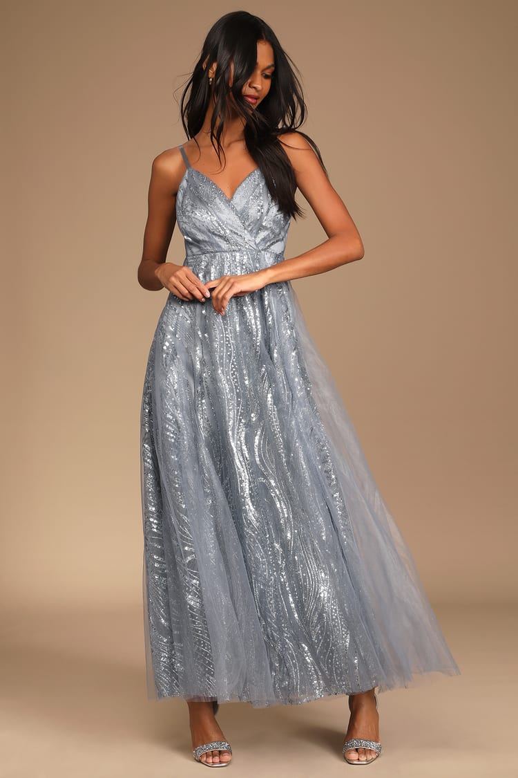 Grey Glitter Dress - Surplice Maxi Dress - Glitter Prom Dress - Lulus