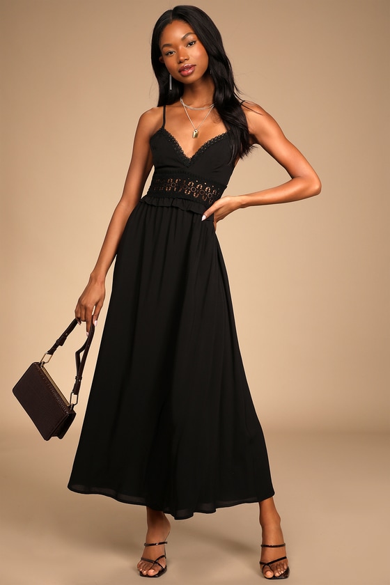 Tender Affections Black Crochet Lace Up Maxi Dress