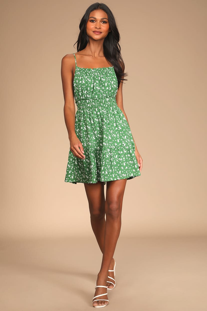 Green Mini Dress - Ruffled Sundress - Floral Tiered Mini Dress - Lulus
