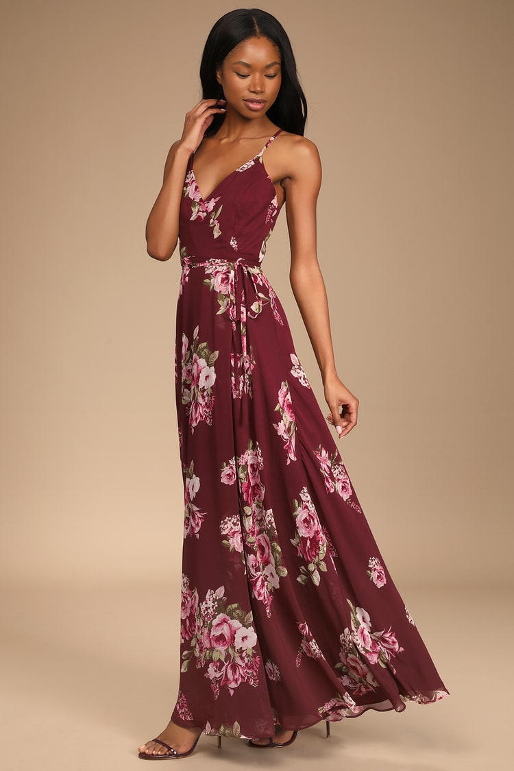 Burgundy Floral Print Dress - Wrap Dress - Maxi Dress - Lulus