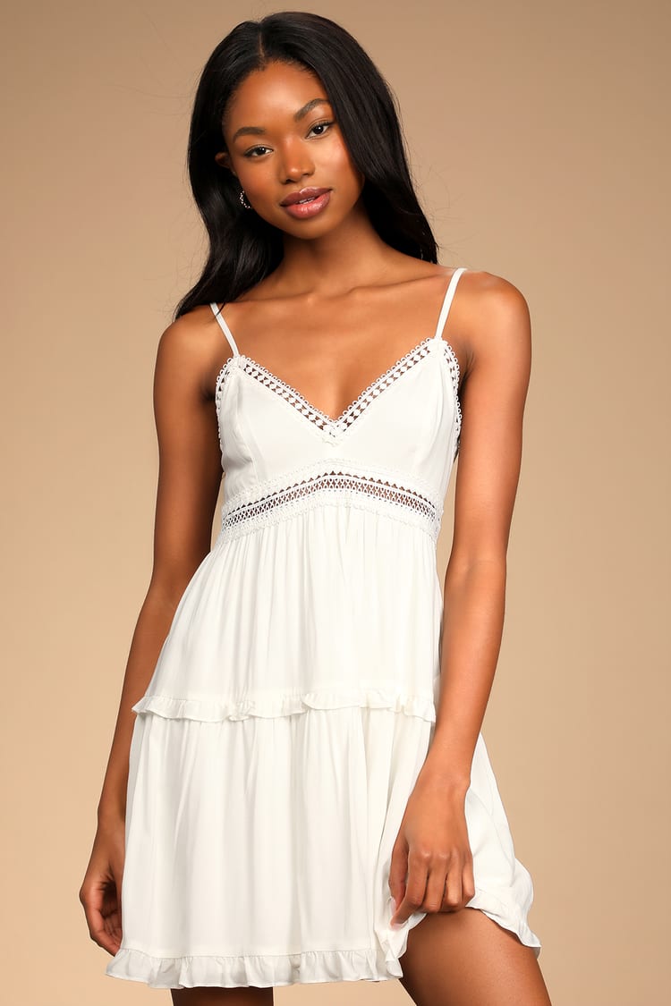 White Tiered Mini Dress - Ruffled Dress - Crochet Detail Dress - Lulus