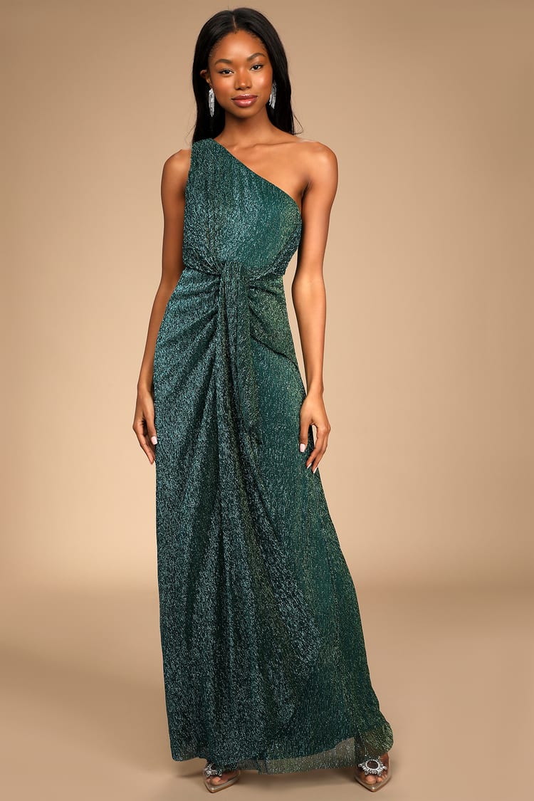 Metallic Teal Green Dress - One-Shoulder Maxi Dress - Prom Dress - Lulus