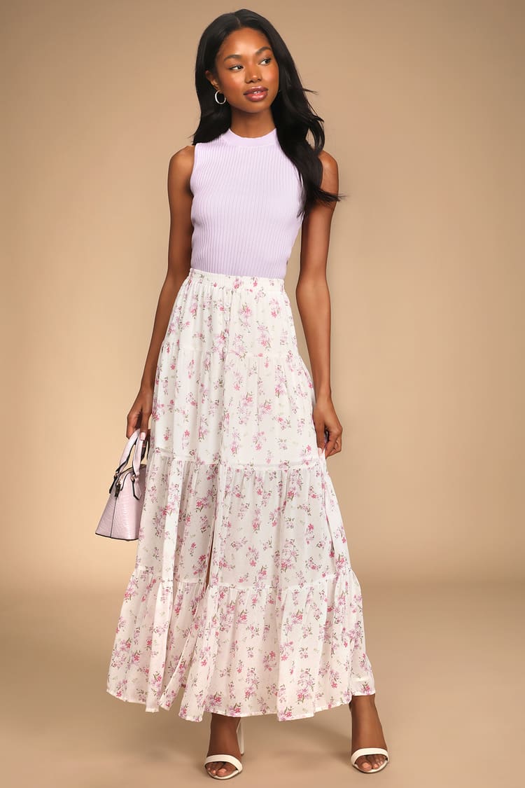 Ivory Floral Print Skirt - Button-Front Skirt - Tiered Maxi Skirt - Lulus