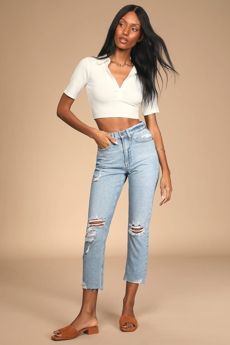 Light Wash Straight Jeans - Cropped Denim Jeans - Ripped Jeans - Lulus