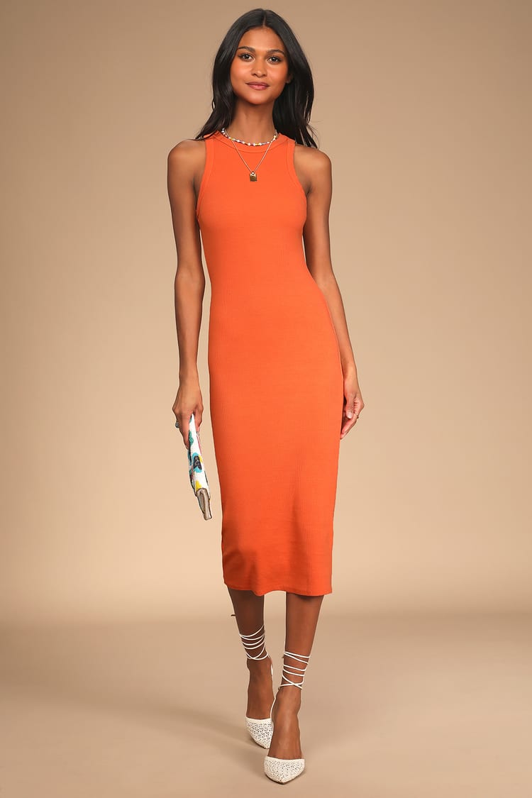 Orange Bodycon Dress - Bodycon Midi Dress - Sleeveless Bodycon - Lulus