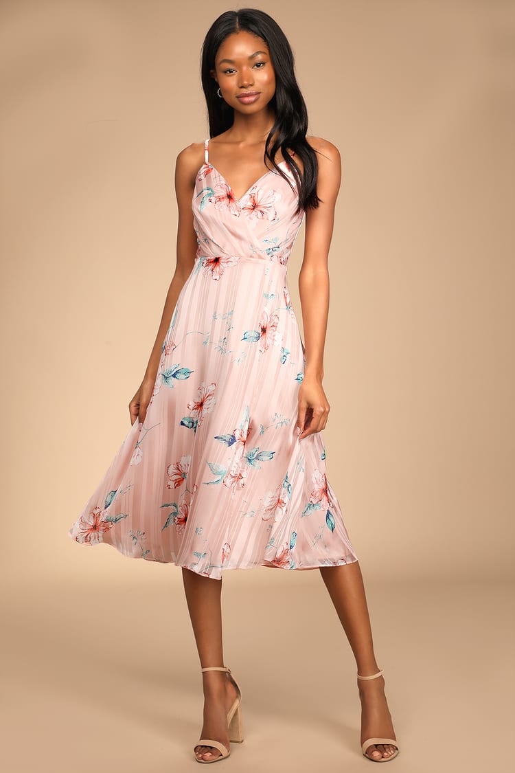 Pink Floral Print Dress - Surplice Dress - Midi Dress - Lulus