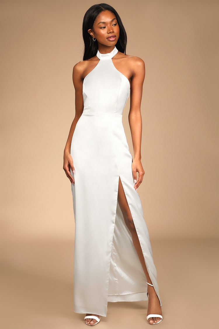 White Satin Dress - Halter Maxi Dress - Backless Column Dress Lulus