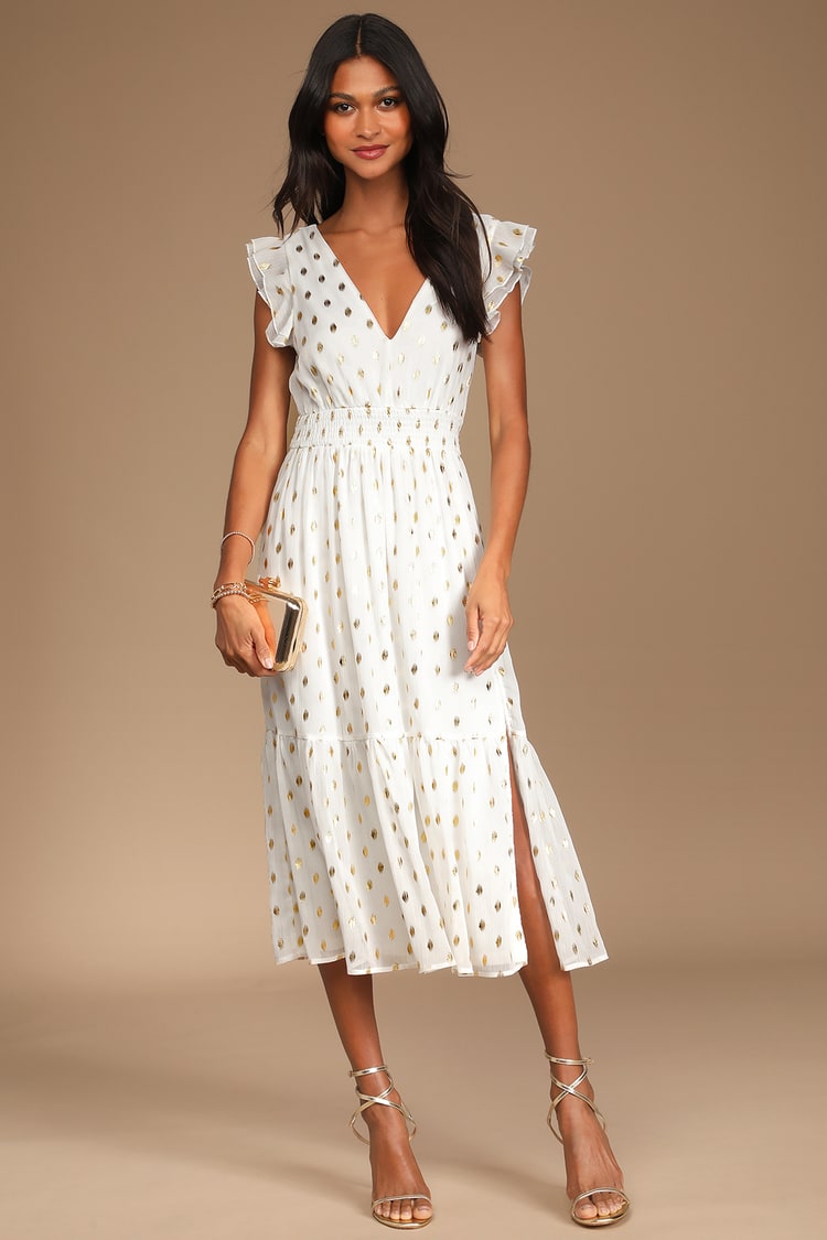 White and Gold Dot Dress - Chiffon Midi Dress - Ruffled Dress - Lulus