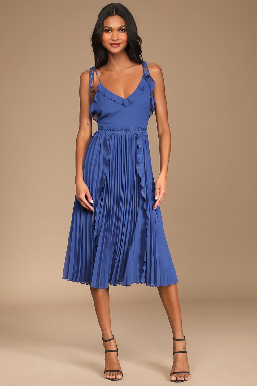 Royal Blue Tie-Strap Dress - Pleated Dress - Midi Dress - Lulus