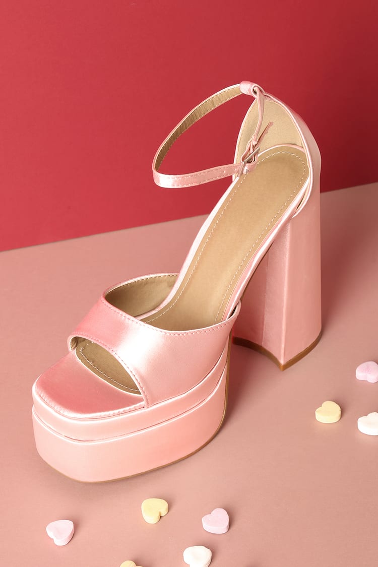 Pink Satin Heels - Platform Heels - Ankle Strap Sandals - Lulus