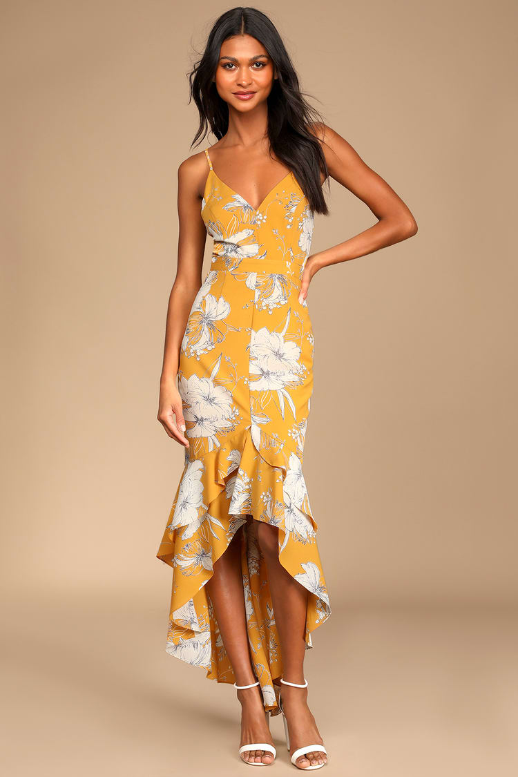 Mustard Yellow Dress - Floral Dress - Ruffled Maxi Dress - Lulus