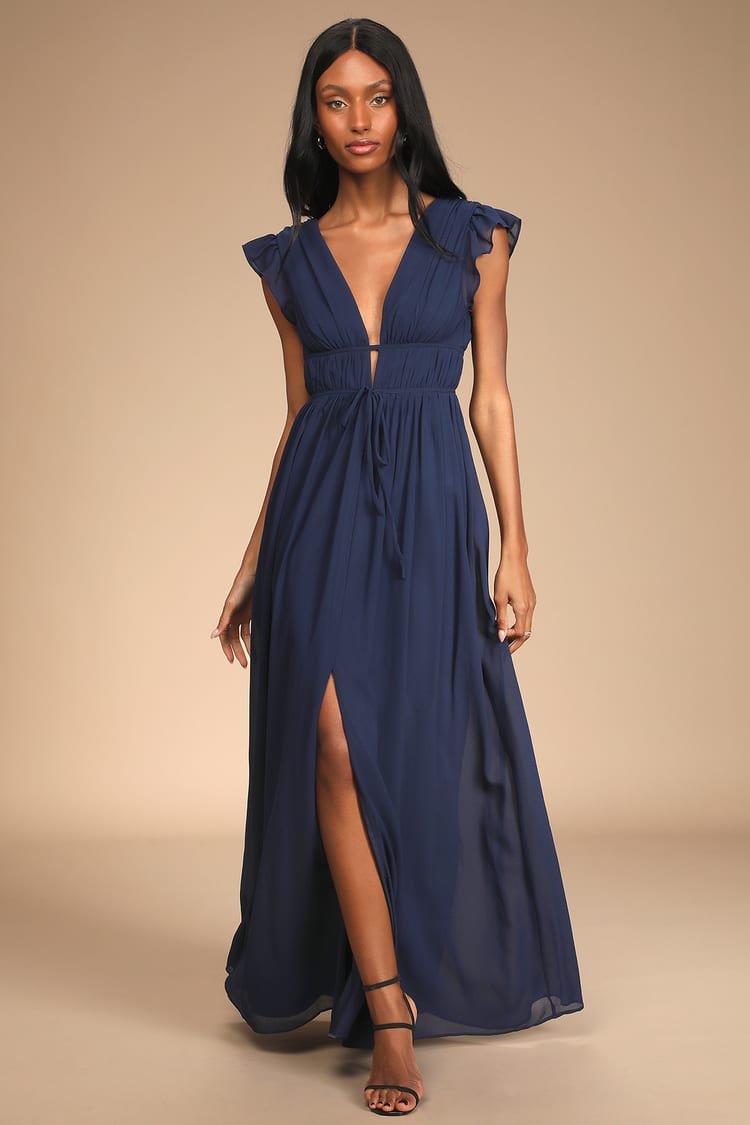 Navy Blue Maxi Dress - Chiffon Maxi Dress - Ruffled Maxi Dress - Lulus