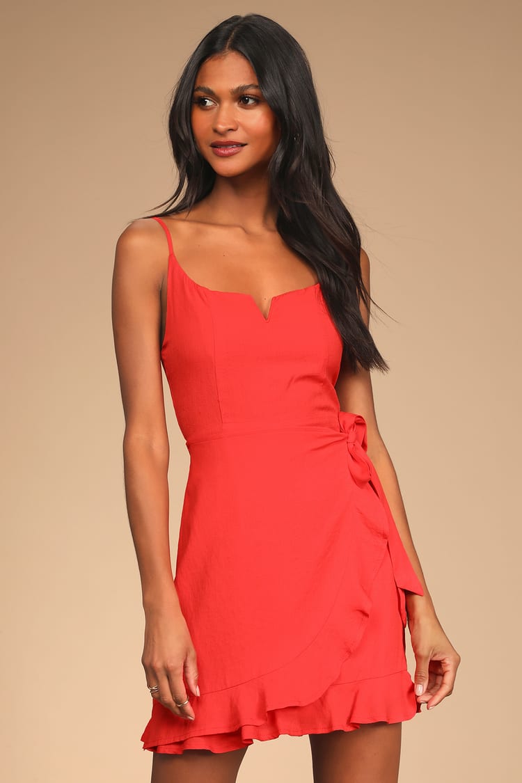 Coral Mini Dress - Faux-Wrap Dress - Ruffled Mini Dress - Lulus