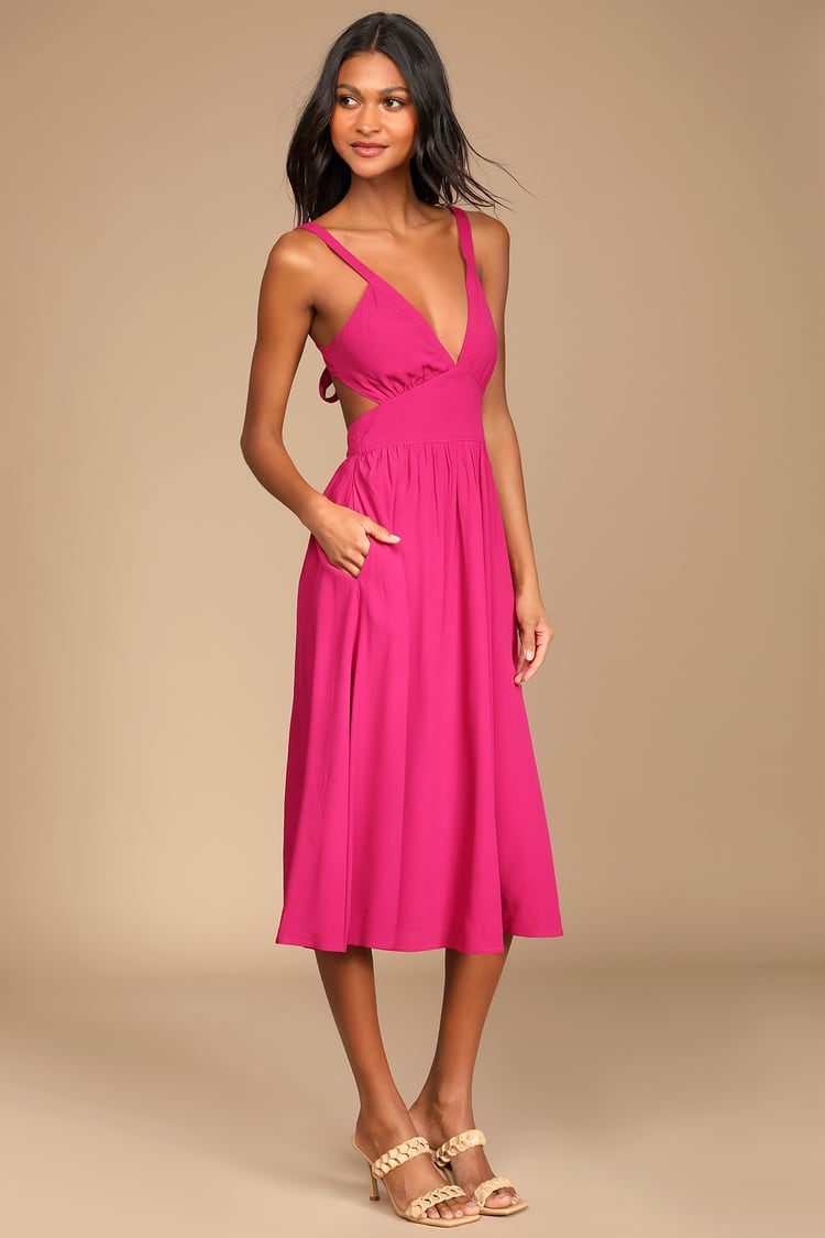 Magenta Midi Dress - Tie-Back Dress - Midi Dress with Pockets - Lulus