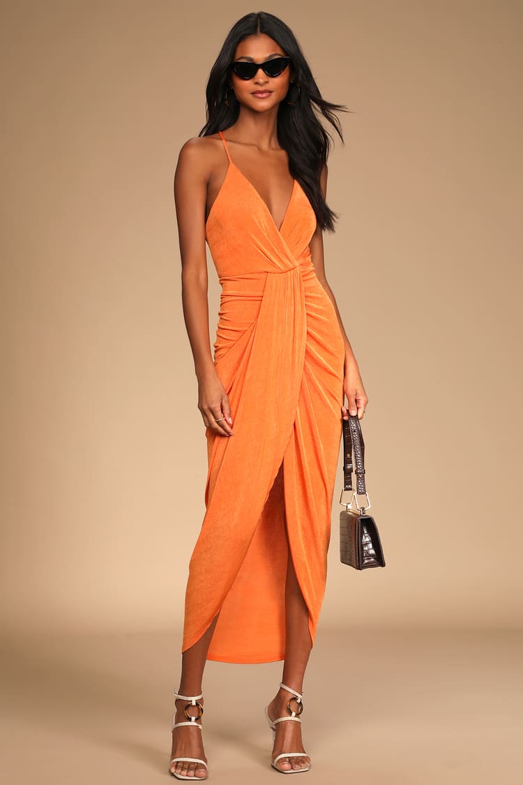 Orange Bodycon Dress - Surplice Midi Dress - Draping Tulip Dress - Lulus