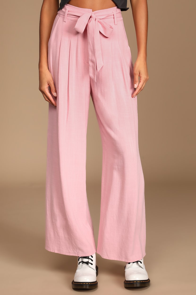 Light Pink Pants - Wide-Leg Trouser Pants - Linen Belted Pants - Lulus