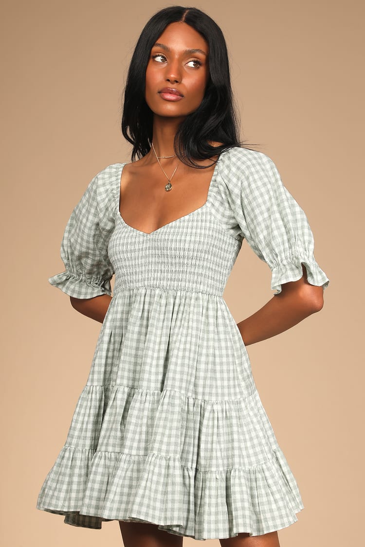 Sage Green Dress - Gingham Dress - Puff Sleeve Dress - Mini Dress - Lulus