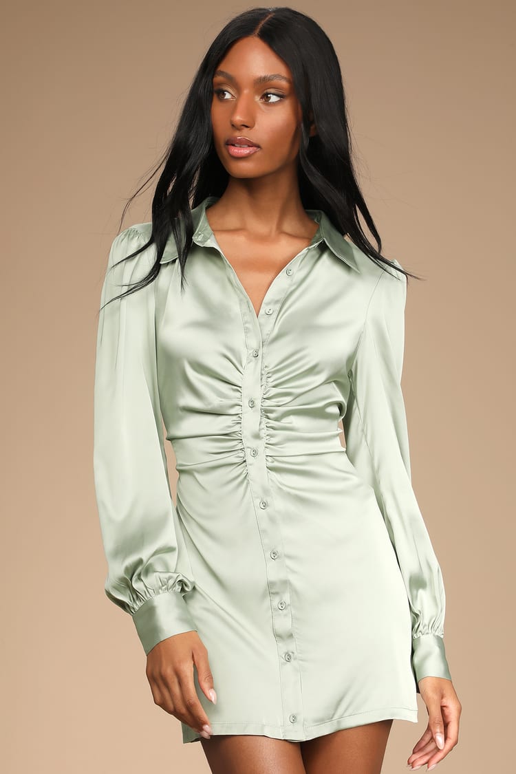 Sage Satin Dress - Sage Green Shirt Dress - Satin Shirt Dress - Lulus