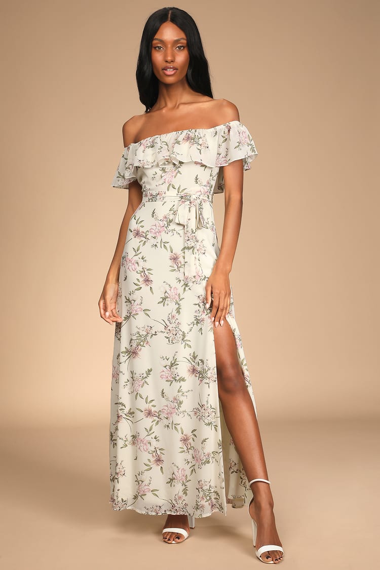 Cream Dress - Floral Print Dress - Off-the-Shoulder Maxi Dress - Lulus