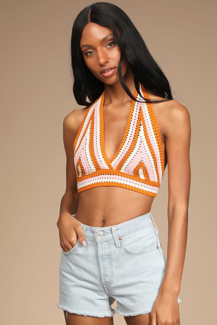 Groovy Vibes Cream Multi Knit Halter Cropped Sweater Tank