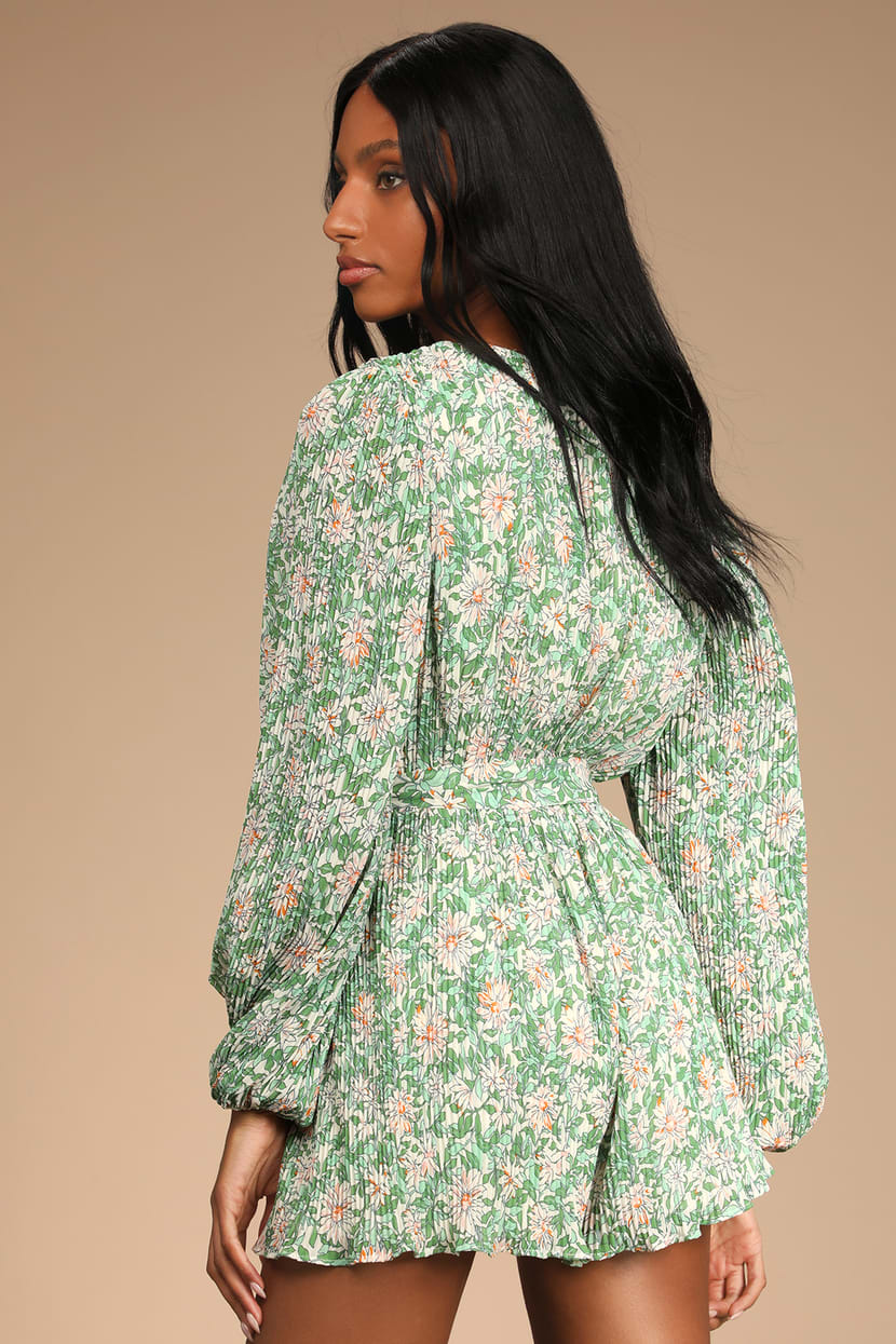 Dancing Blossoms Green Floral Print Pleated Long Sleeve Romper