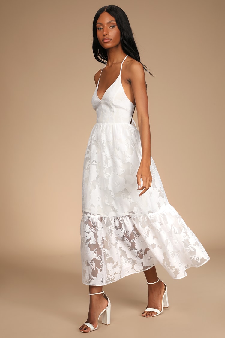 White Lace-Up Dress - White Floral Dress - Chiffon Midi Dress - Lulus