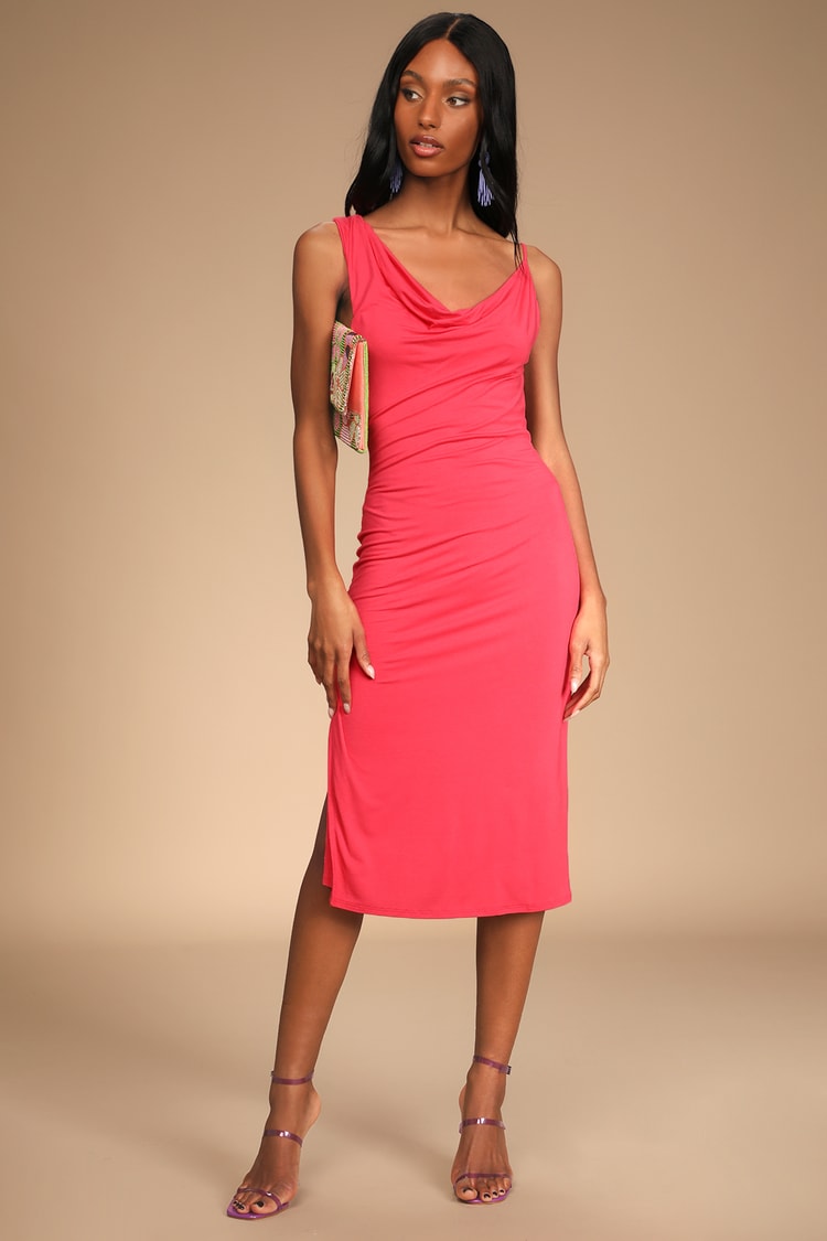 Coral Midi Dress - Asymmetrical Midi Dress - Cowl Neck Dress - Lulus