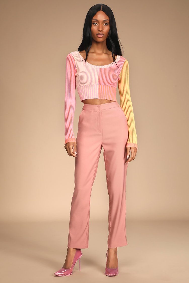 Mauve Tapered Trousers - High Waisted Pants- Elastic Trousers - Lulus