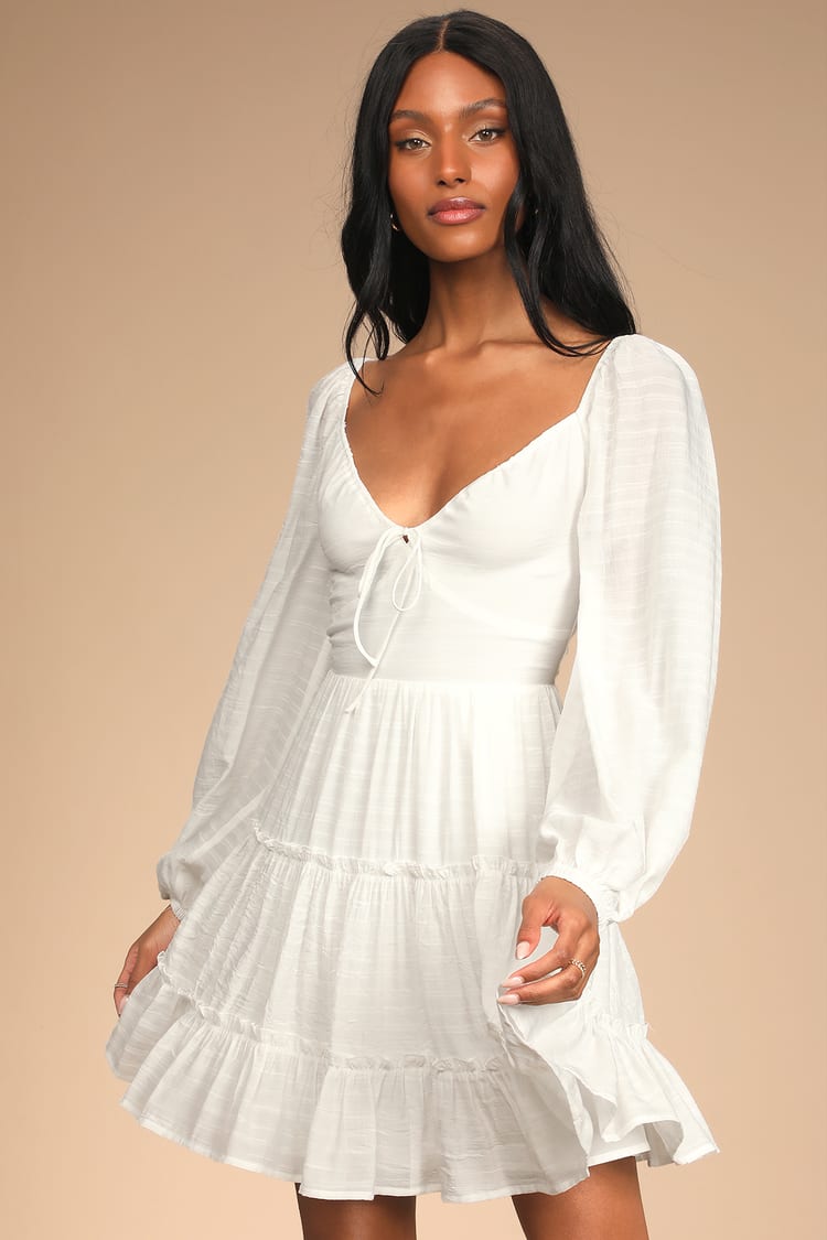 White Tiered Dress - Balloon Sleeve Mini Dress - Tiered Dress - Lulus