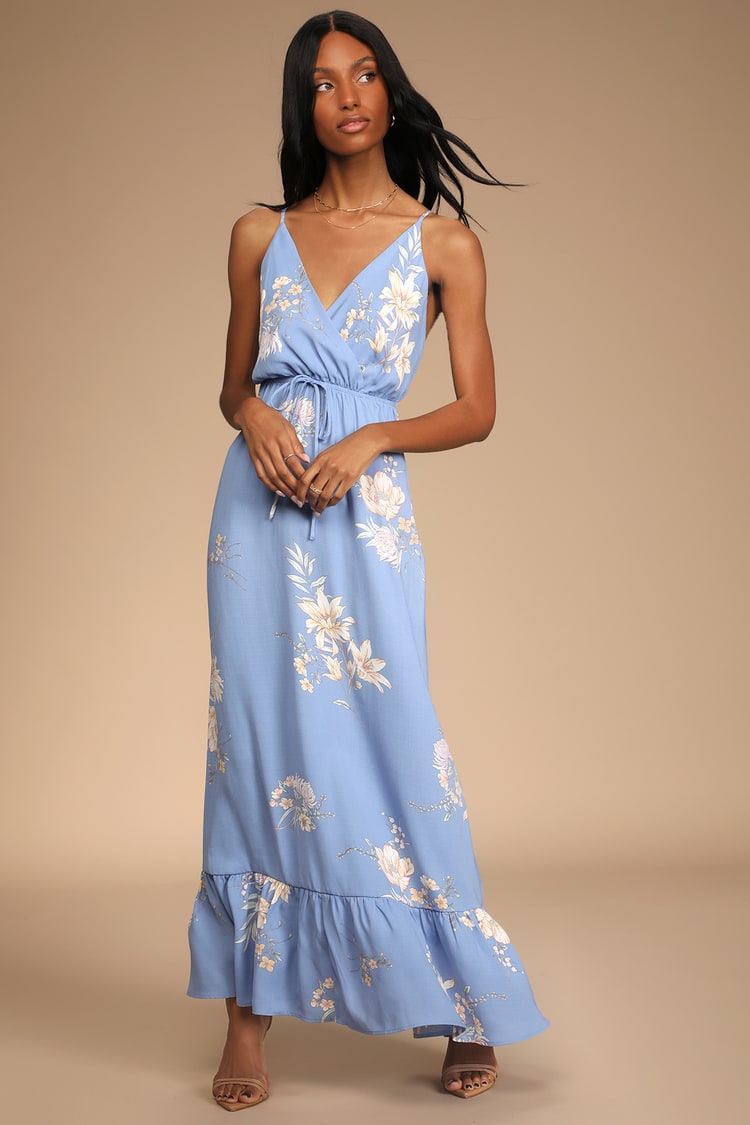 Light Blue Floral Print Dress - Surplice Maxi Dress - Maxi Dress - Lulus