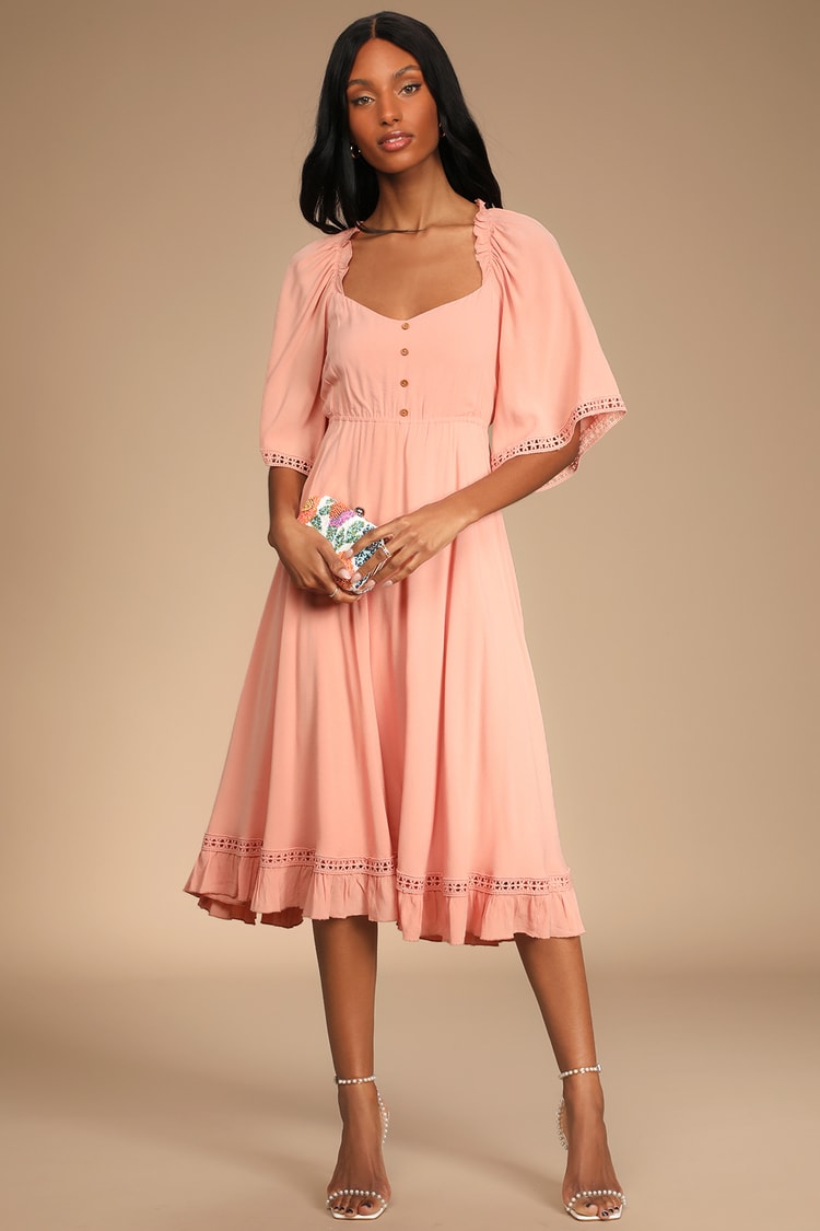 Peach Midi Dress - Three-Quarter Sleeve Dress - Handkerchief Midi - Lulus