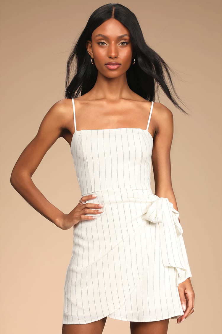 Ivory Pinstripe Dress - Faux-Wrap Mini Dress - Sleeveless Dress - Lulus