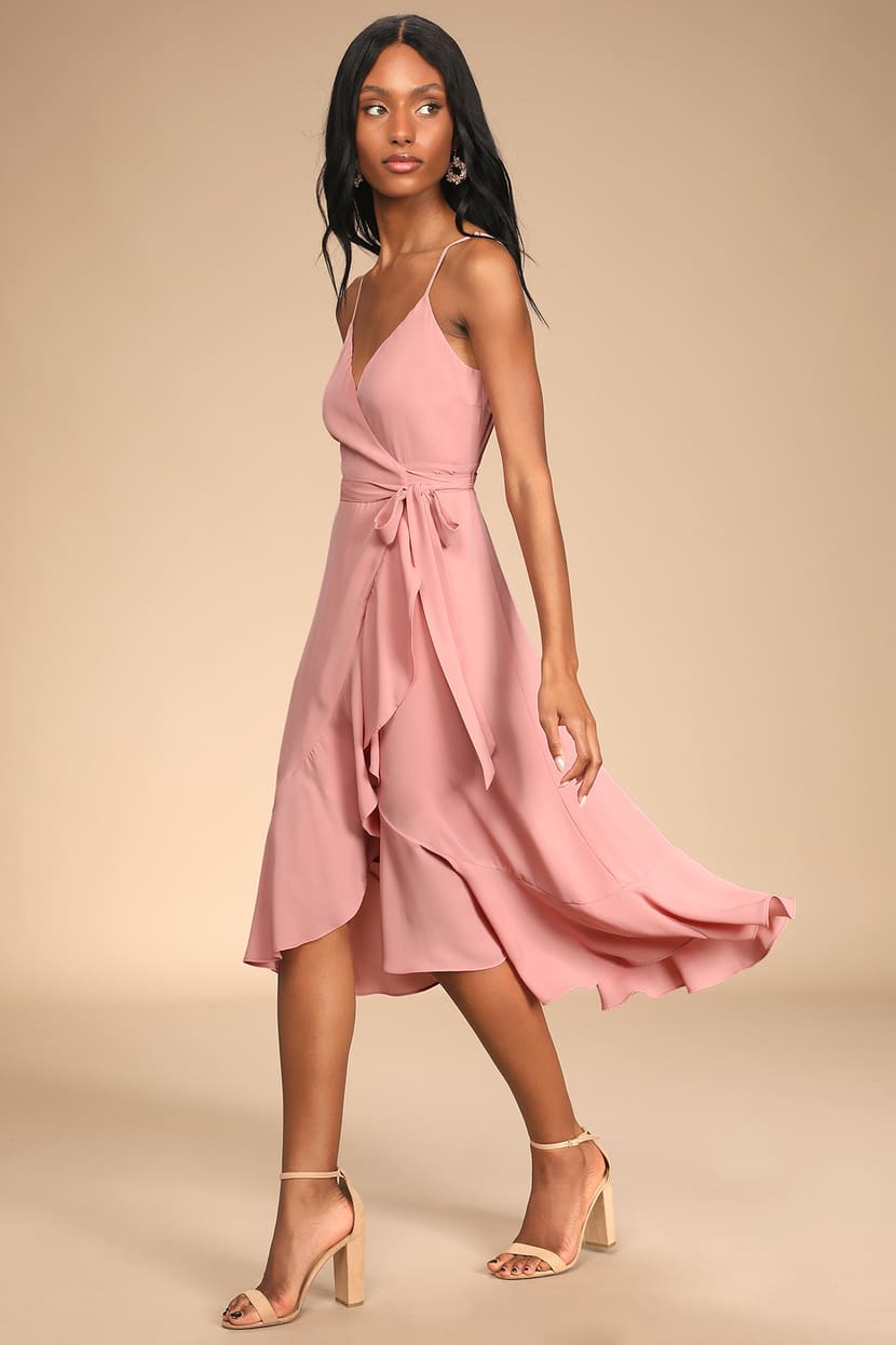 Cute Wrap Dress - Midi Dress - Mauve Dress - Ruffled Dress - Lulus