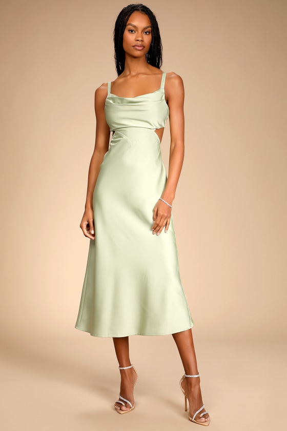 Sage Green Midi Dress Satin Tie Back Dress Cowl Neck Dress Lulus