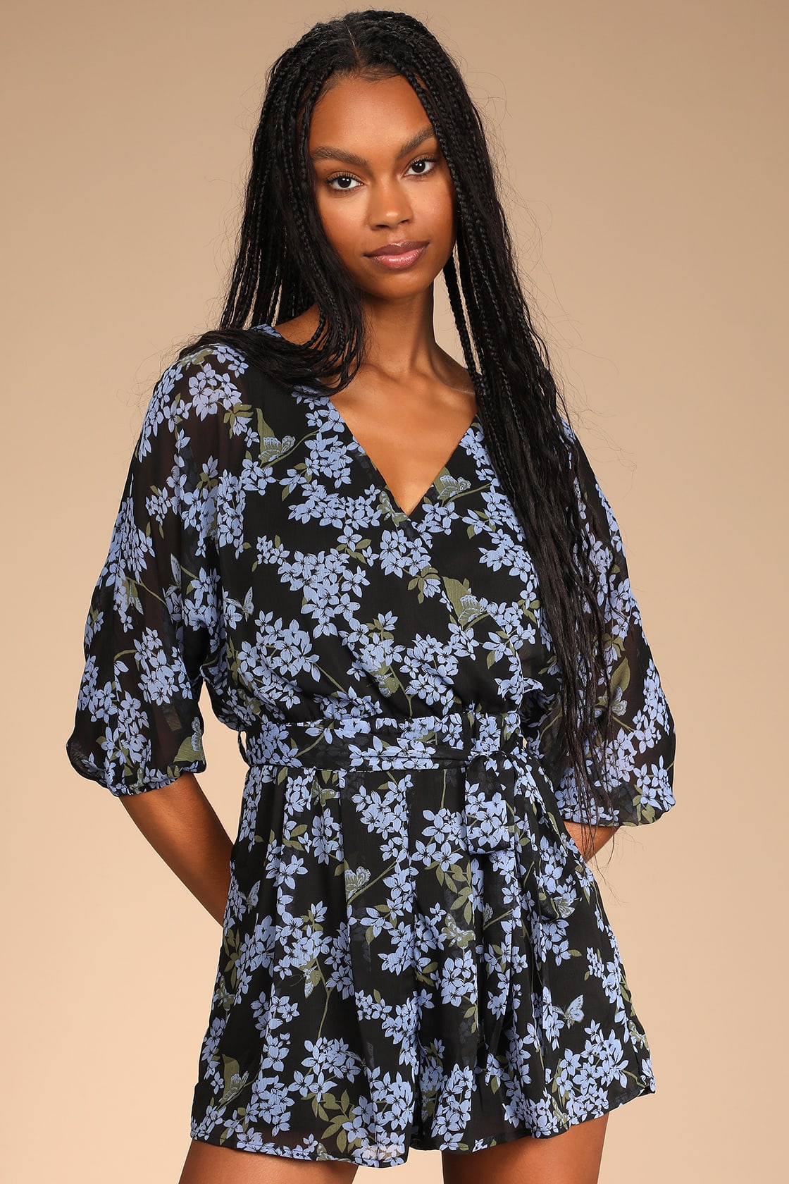 Floral Print Romper - Three-Quarter Sleeve Romper - Romper - Lulus