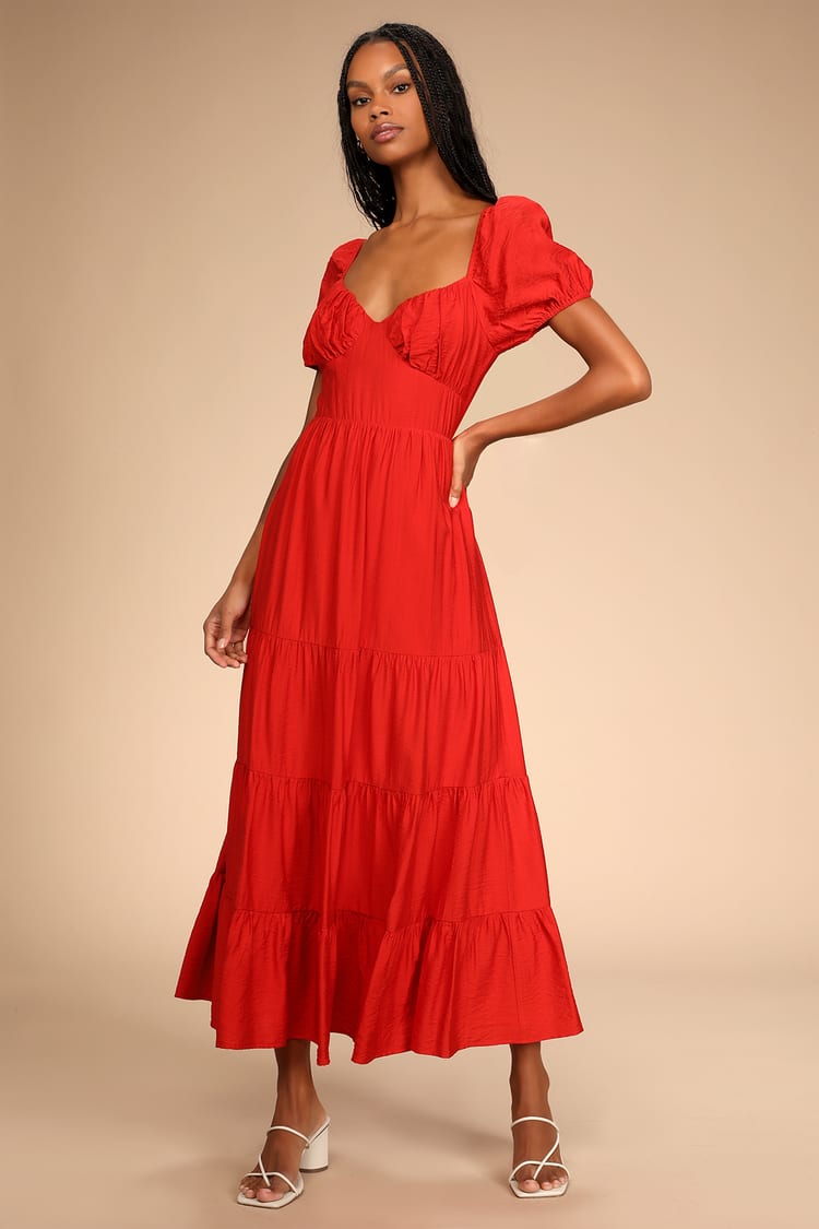 Red Maxi Dress - Puff Sleeve Dress - Tiered Maxi Dress - Lulus